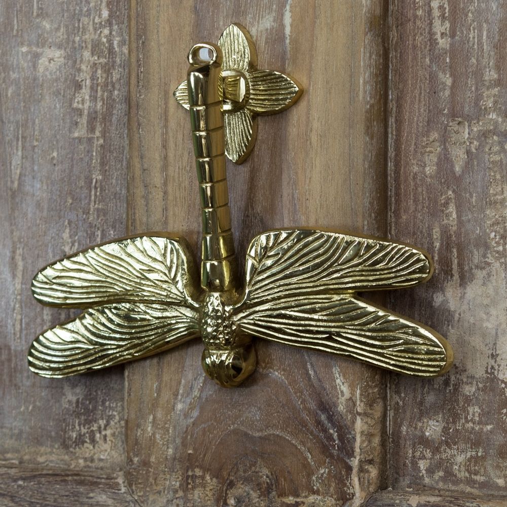 Dragon fly door knocker mounted on brown door