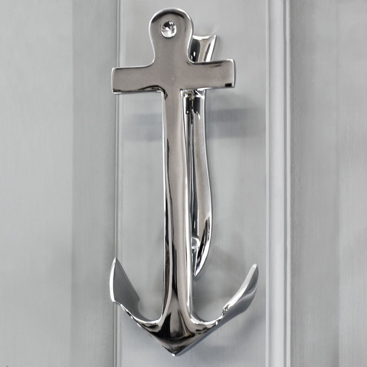 Bright Chrome Anchor door knocker on Grey door
