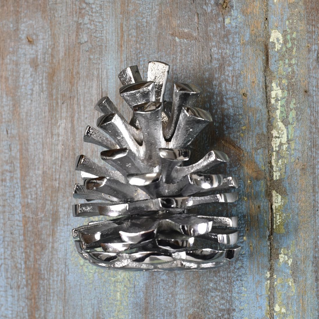 Bright Chrome Pine Cone door Knocker on Rustic door Bright Chrome Pine Cone door Knocker on Rustic door