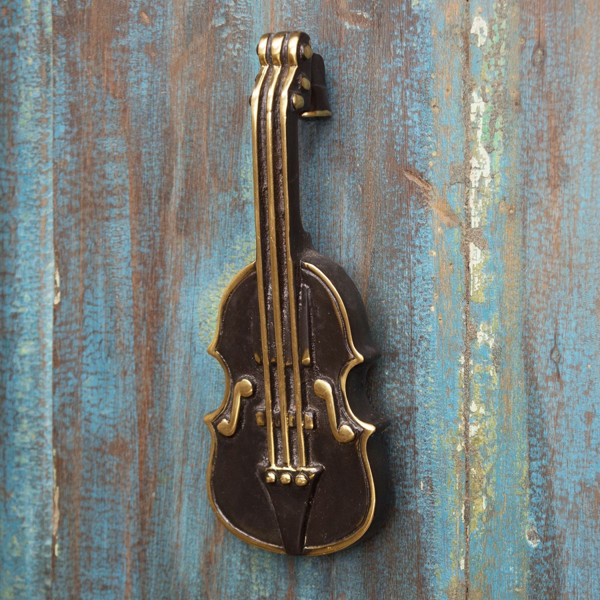Antique Brass Violin Door Knocker on Rustic Blue Door Antique Brass Violin Door Knocker on Rustic Blue Door