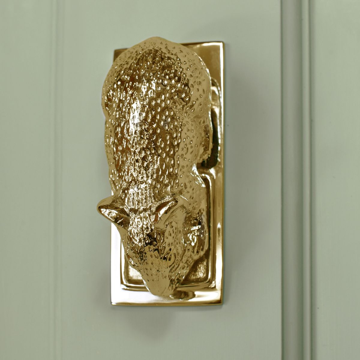 Polished Brass Mouse door knocker on green door
