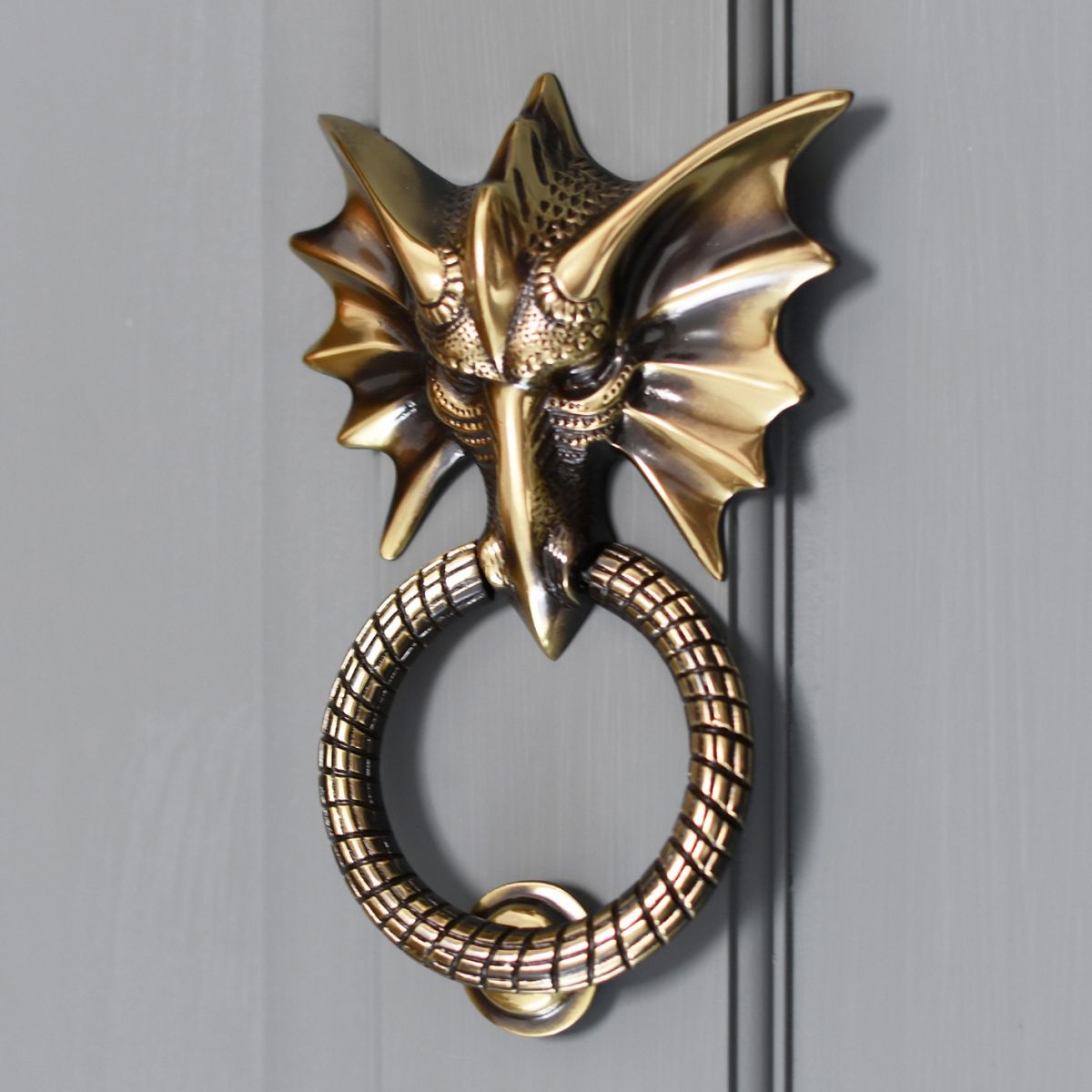 Brass dragon door knocker on grey door Brass dragon door knocker on grey door