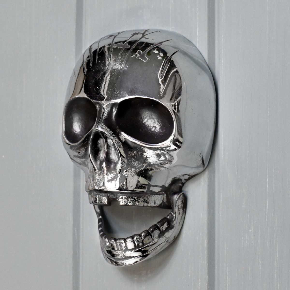 Bright Chrome Skull door knocker on grey door