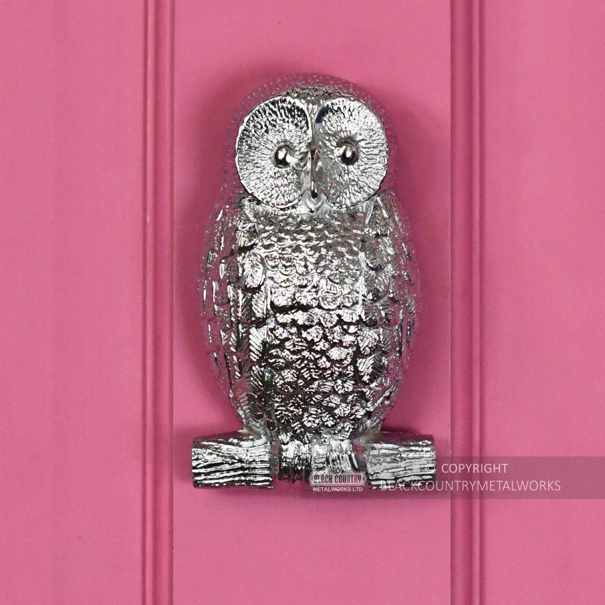 Bright Chrome Owl Door Knocker in Situ on a Pink Door