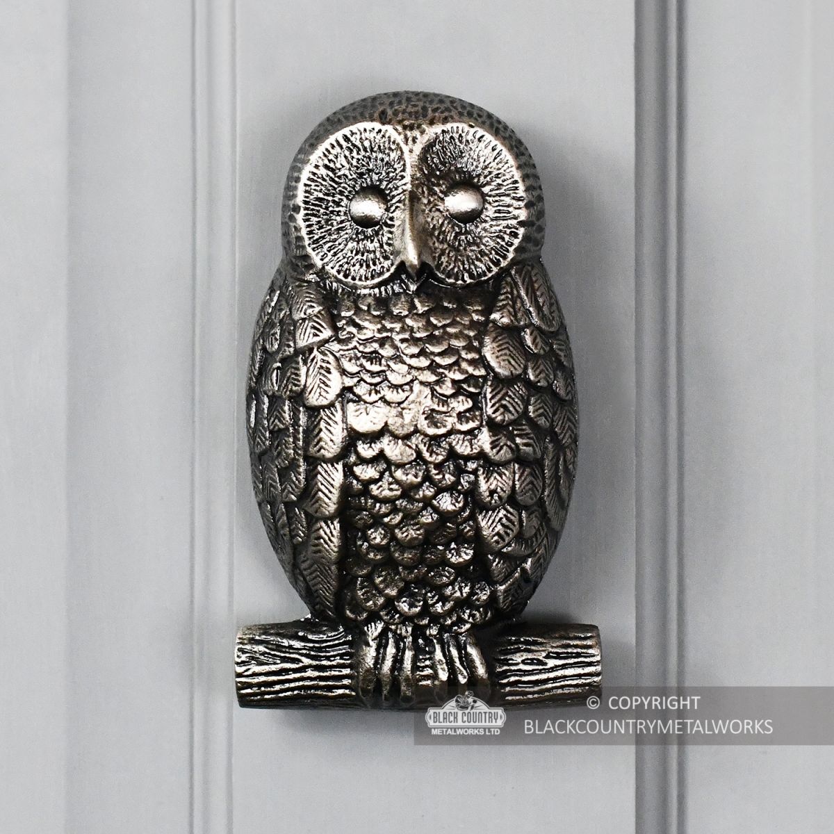 Antique Pewter Owl Door Knocker on a Light Grey Door