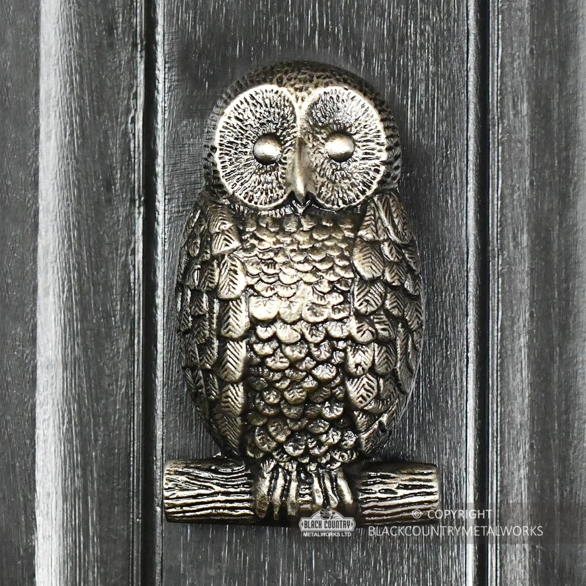 Antique Pewter Owl Door Knocker on a Dark Grey Door