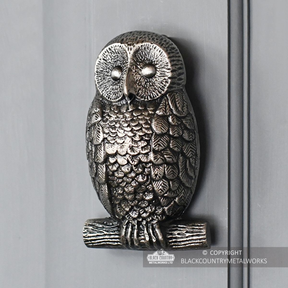 Antique Pewter Owl Door Knocker in Situ on a Door