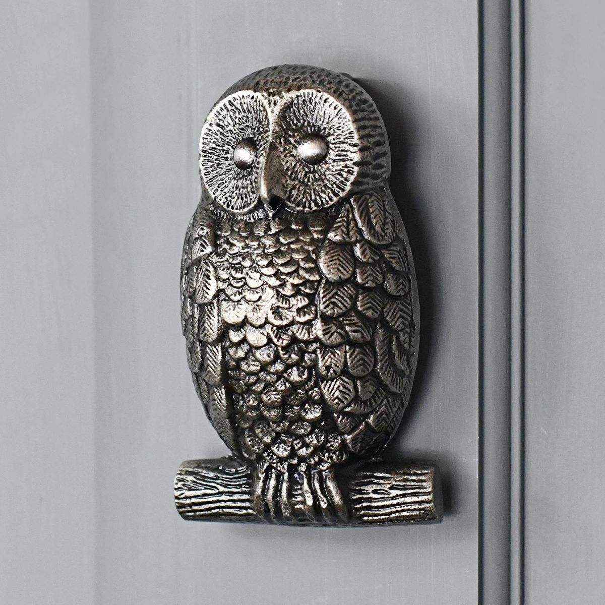 Antique Pewter Owl Door Knocker in Situ on a Door