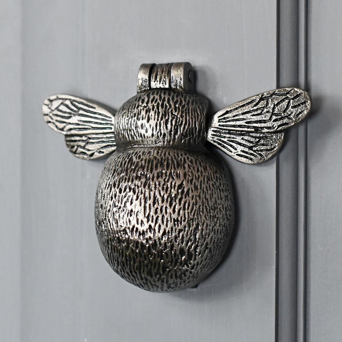 Antique Pewter Bumblebee Door Knocker in Situ on a Door