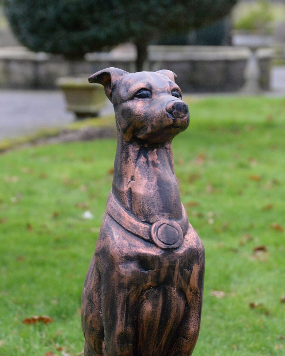 "Rocket" the Sitting Greyhound in Cast Aluminium - Copper close up of head