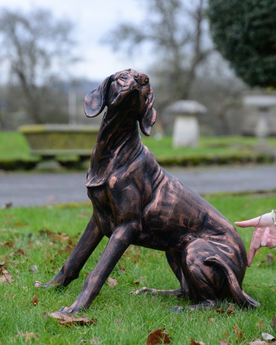"Duke" the Sitting Dog Sculpture in Cast Aluminium - Copper to scale with hand in shot for reference