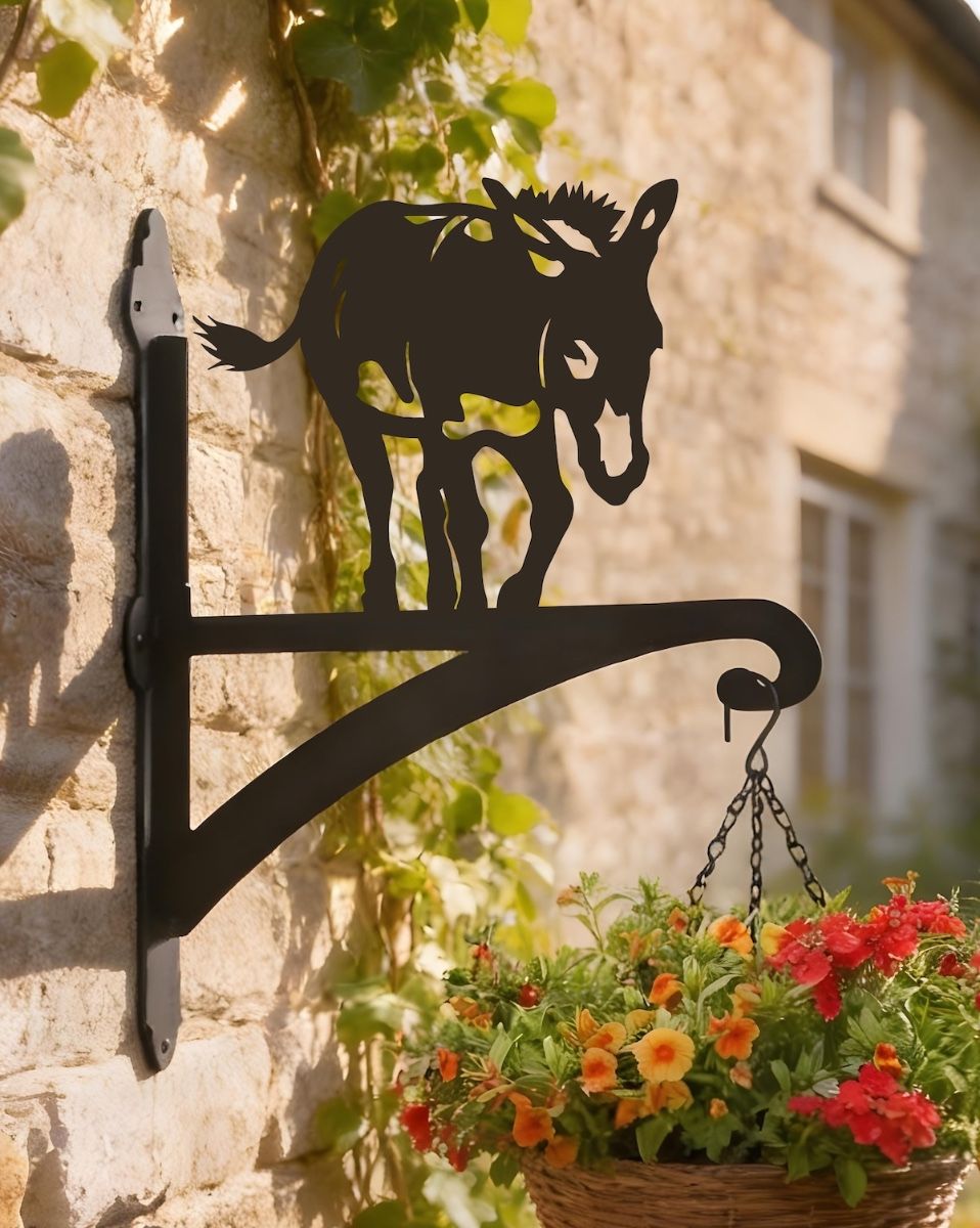 Digital Illustration of the Donkey Hanging Iron Basket Bracket Mounted on a Rustic Cottage Wall