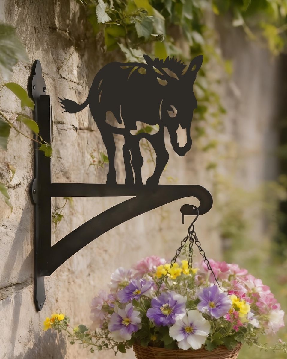 Digital Illustration of the Donkey Hanging Iron Basket Bracket Mounted on a Garden Wall