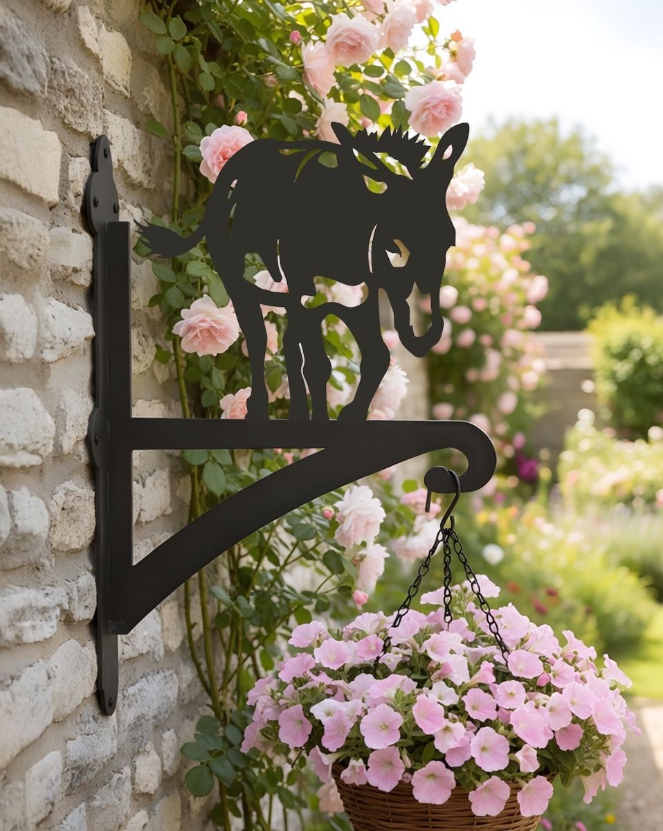 Digital Illustration of the Donkey Hanging Iron Basket Bracket Mounted on a Traditional Stone Wall