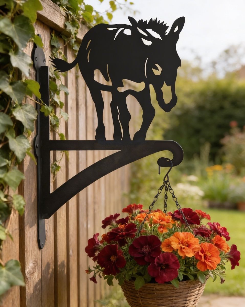 Digital Illustration of the Donkey Hanging Iron Basket Bracket Mounted on a Wooden Fence