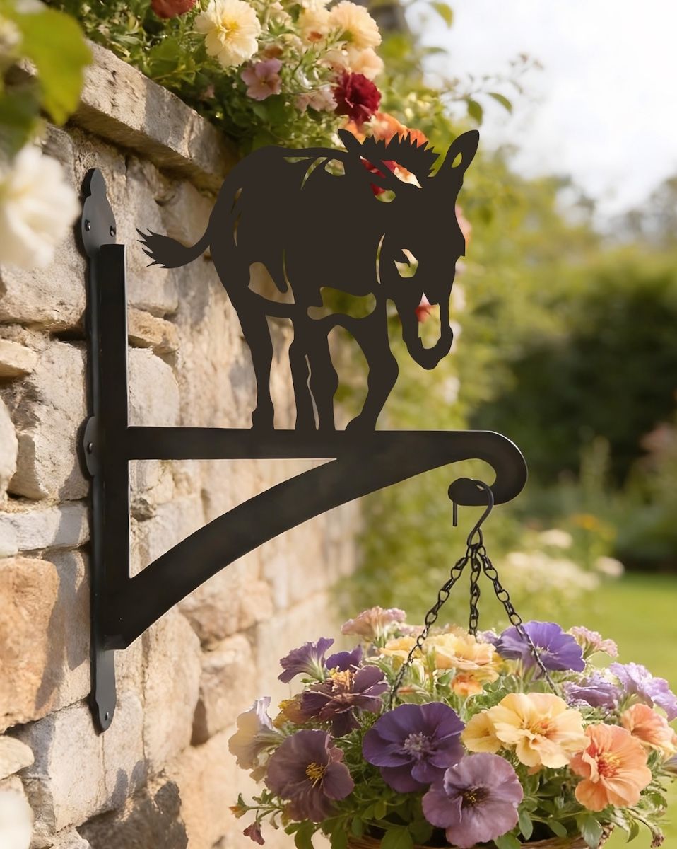 Digital Illustration of the Donkey Hanging Iron Basket Bracket Mounted on a Traditional Stone Wall