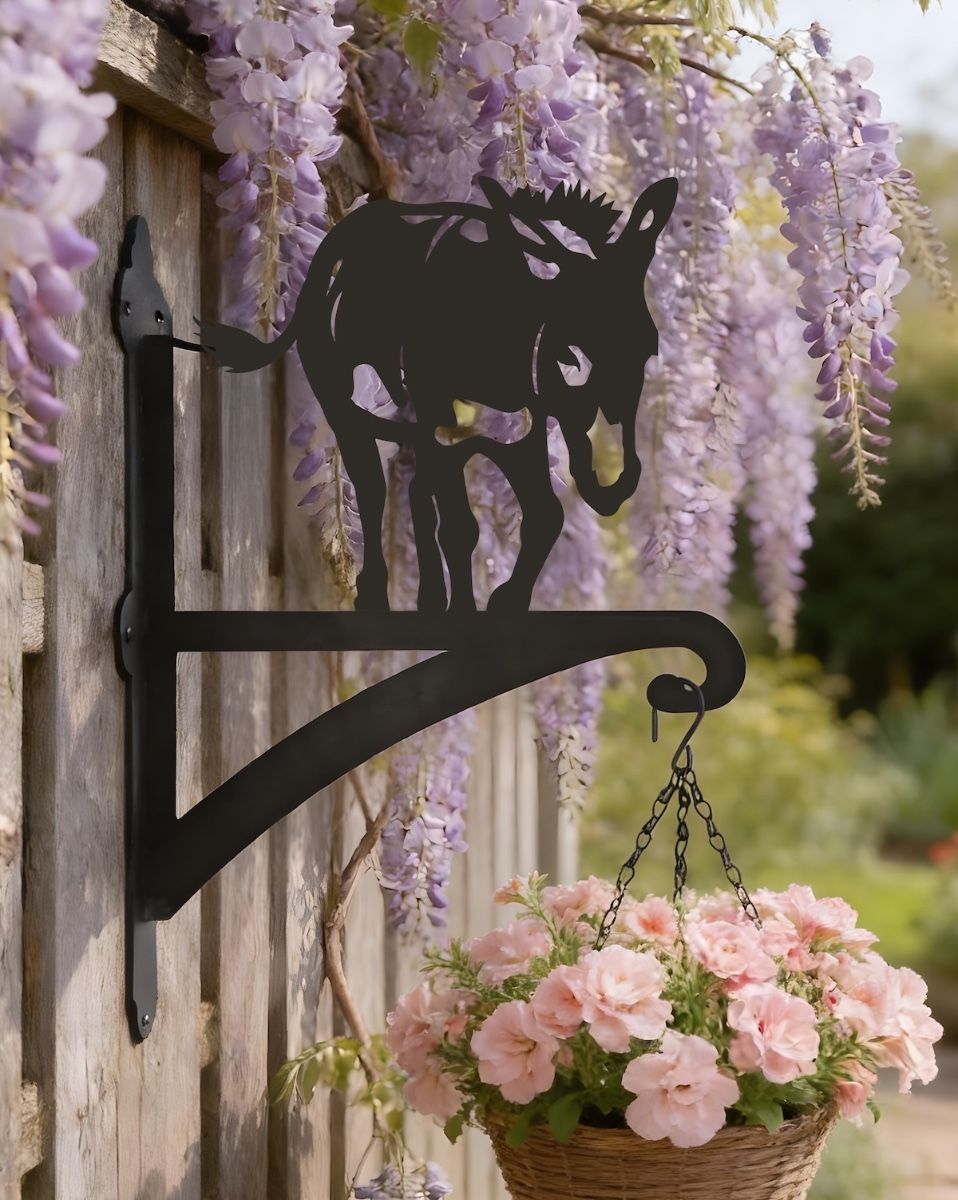 Digital Illustration of the Donkey Hanging Iron Basket Bracket Mounted on a Rustic Fence