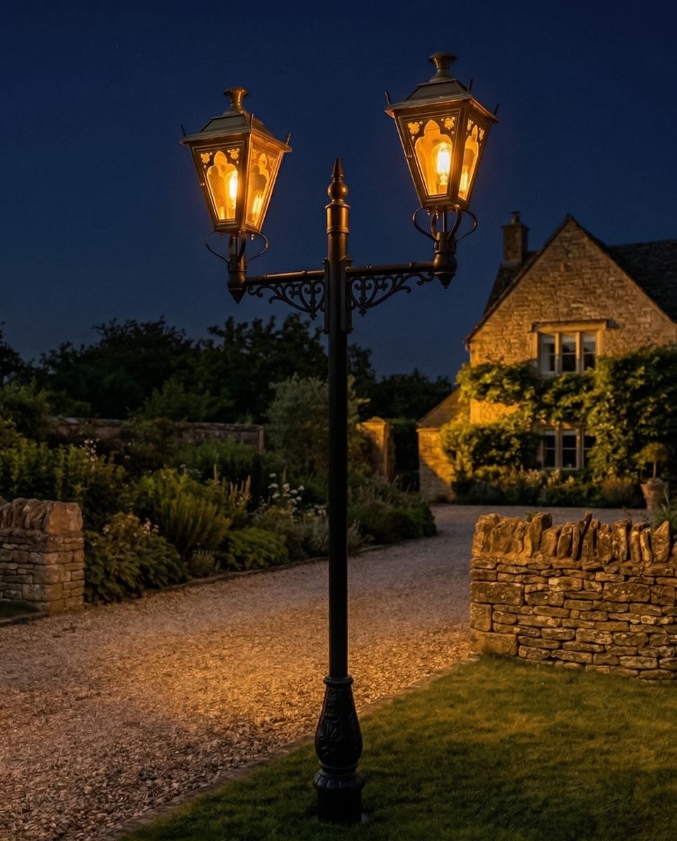 Double headed Gothic Lamp post digital illustration at night