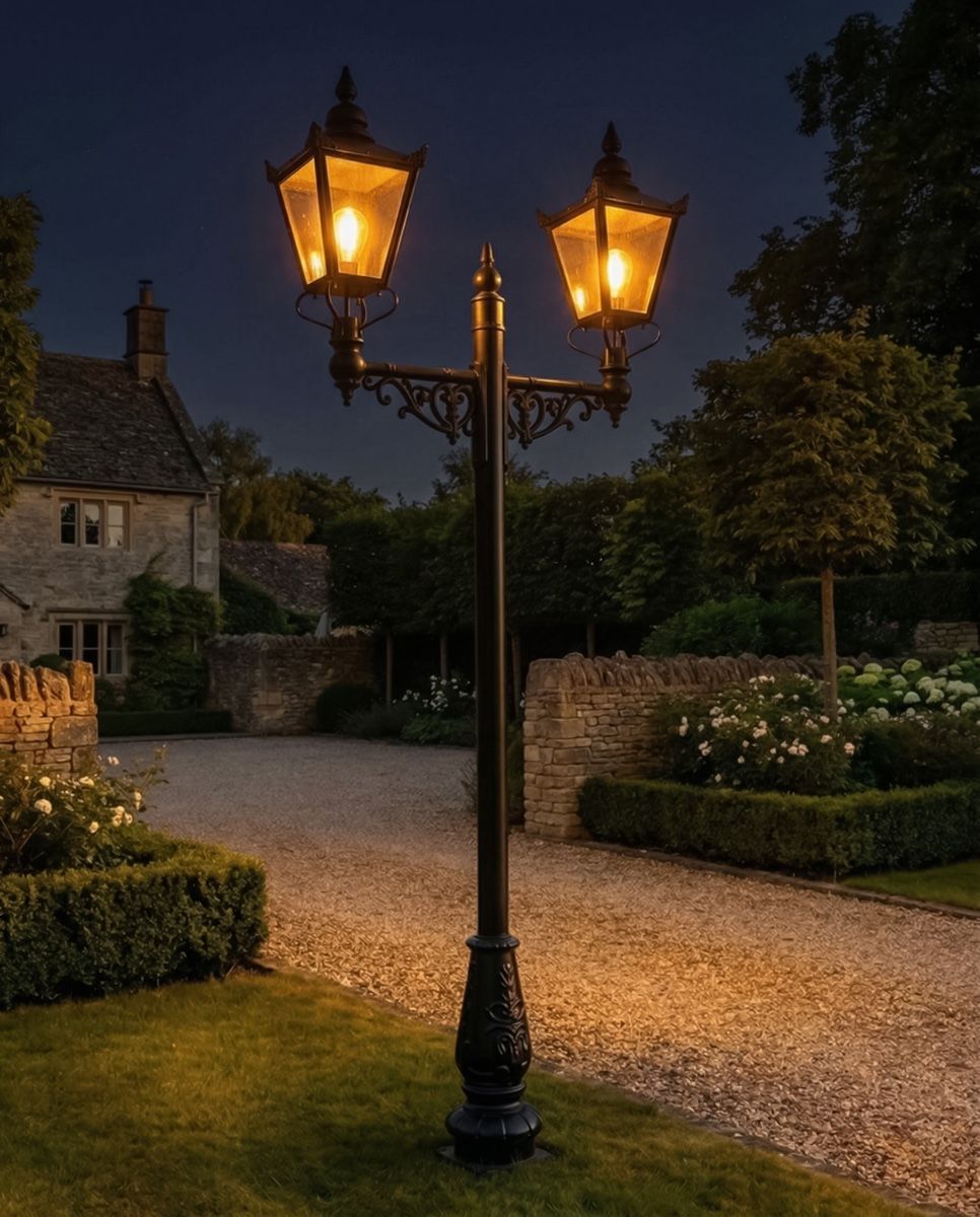 Double Headed Victorian Lamp Post digital illustration at night