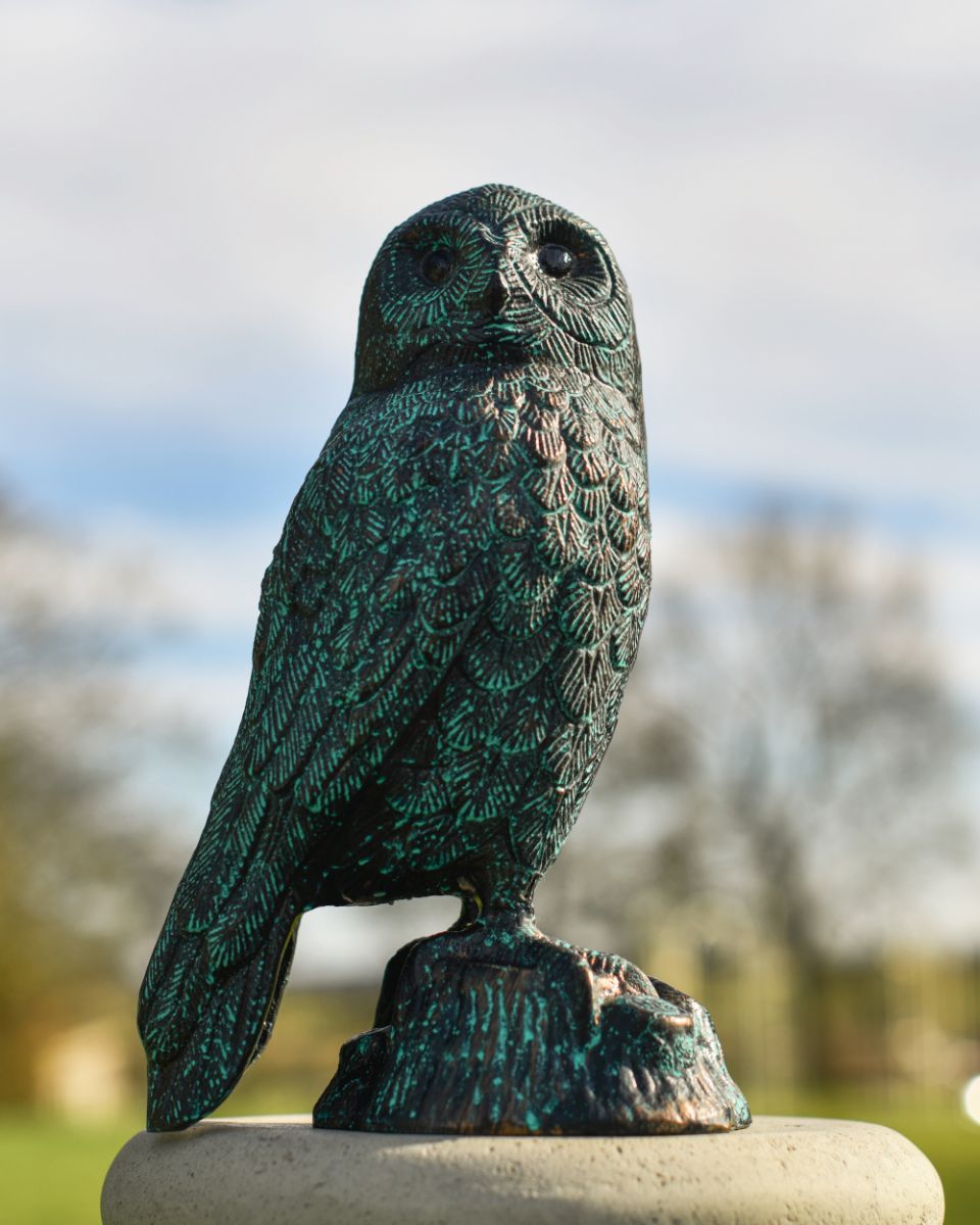 Side view of Verdigris Finish Cast Aluminium Owl Sculpture Side view of Verdigris Finish Cast Aluminium Owl Sculpture