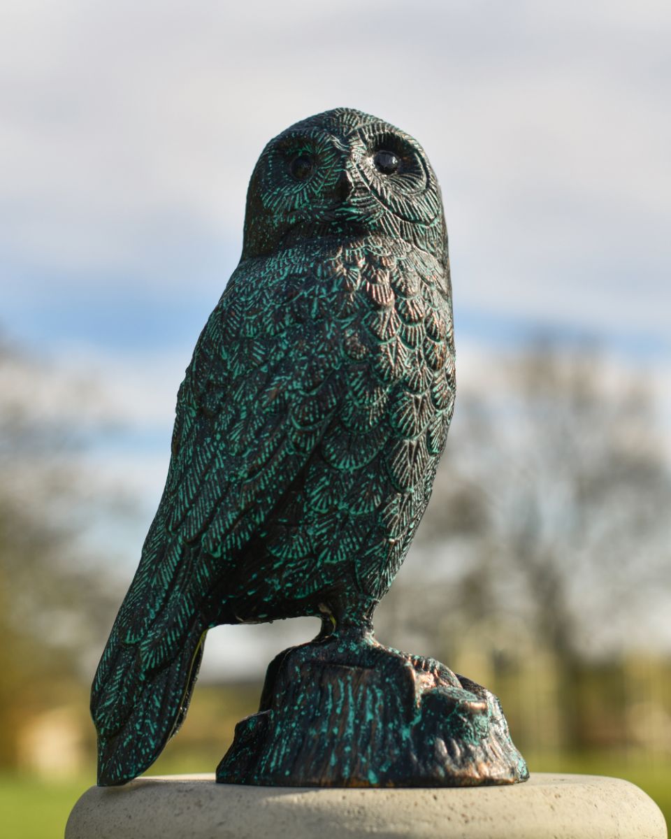 Verdigris Finish Cast Aluminium Owl Sculpture Face on Verdigris Finish Cast Aluminium Owl Sculpture Face on