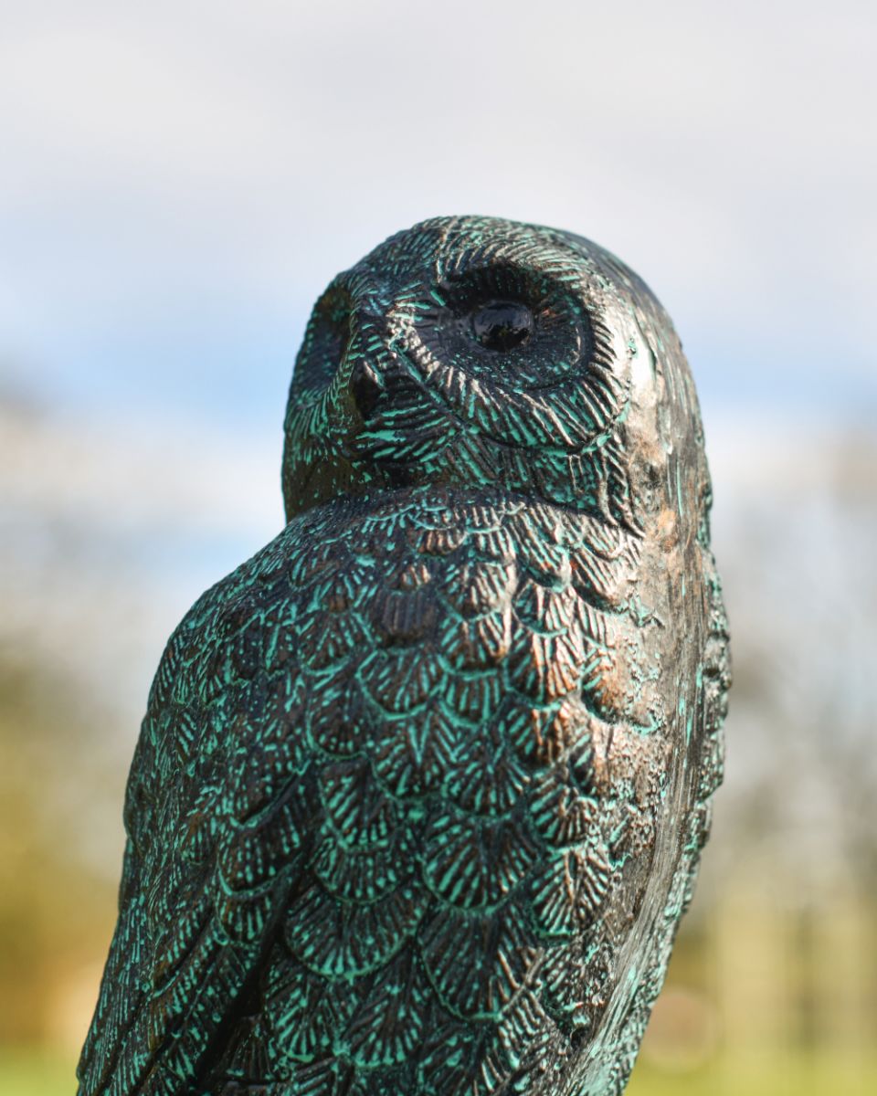 Close up of Verdigris Finish Cast Aluminium Owl Sculpture Close up of Verdigris Finish Cast Aluminium Owl Sculpture