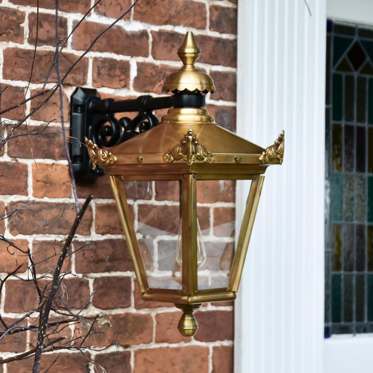 Large Antique Brass Hanging Wall Lantern in Situ Large Antique Brass Hanging Wall Lantern in Situ