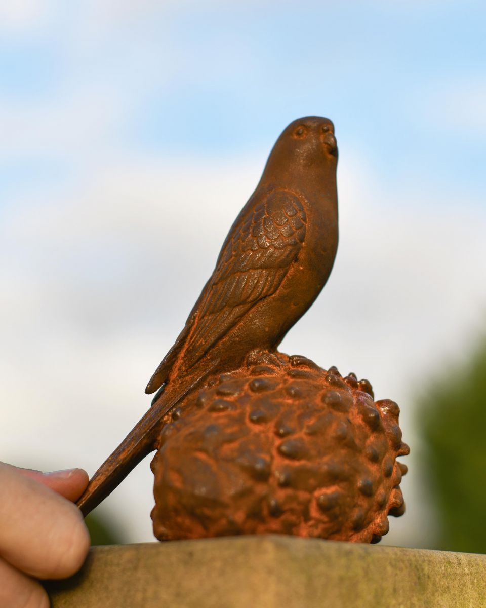 Rustic Cast Iron "Bird On Pinecone" Garden Sculpture  Rustic Cast Iron "Bird On Pinecone" Garden Sculpture