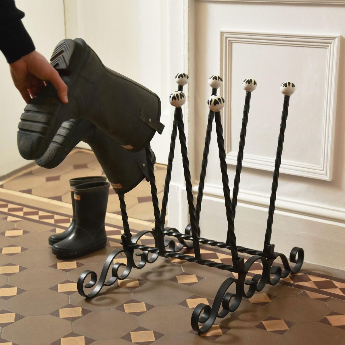 "Farnthorpe" Black 4 Pair Ornate Boot Rack insitu "Farnthorpe" Black 4 Pair Ornate Boot Rack insitu