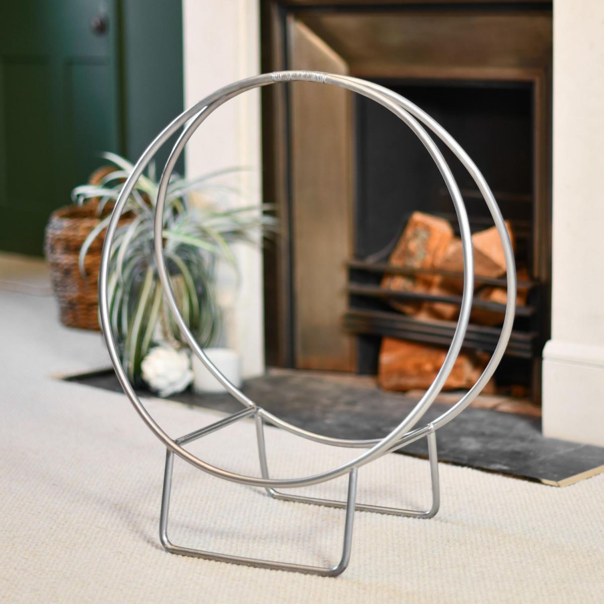 Modern Circular Log holder in a Pewter Finish Modern Circular Log holder in a Pewter Finish