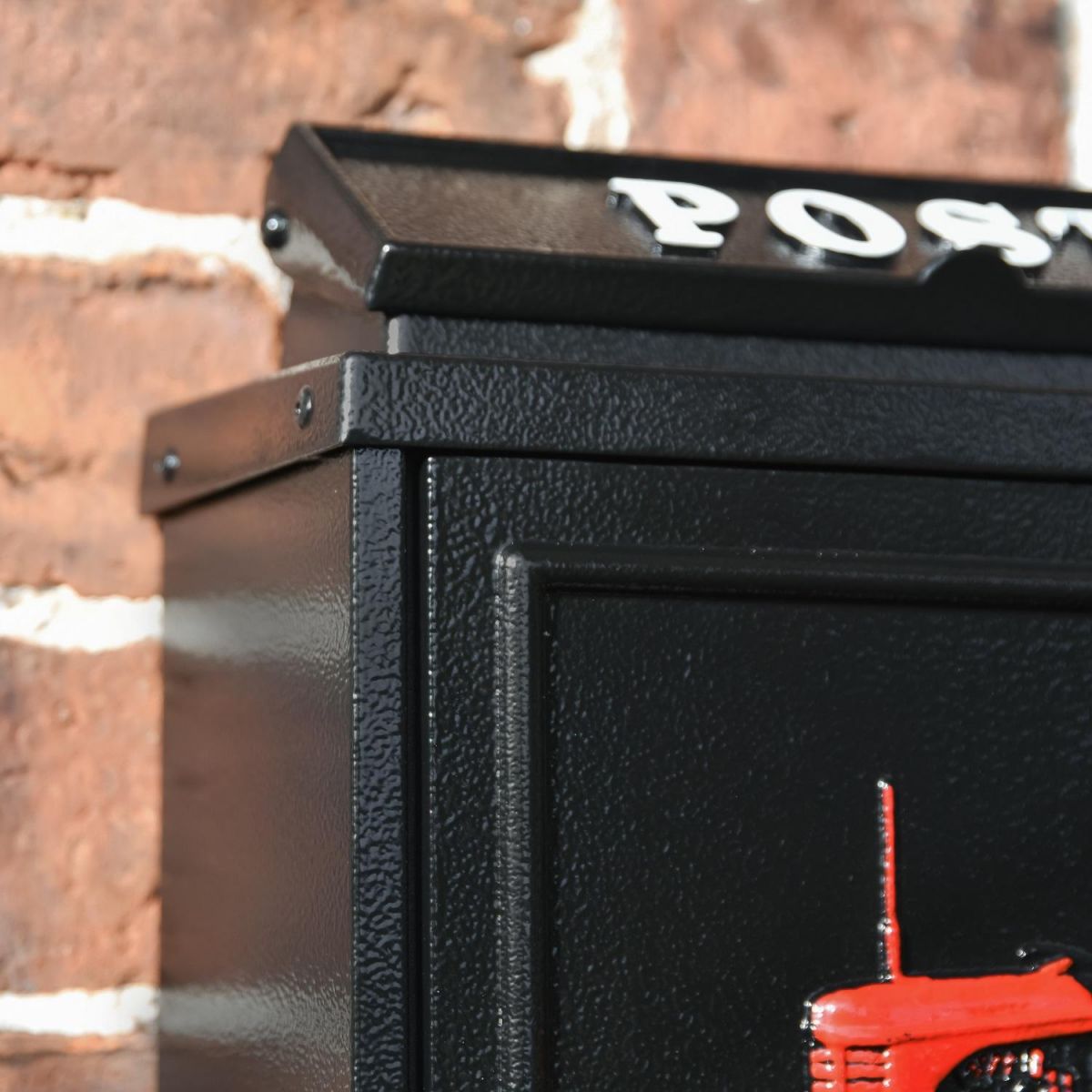 Close up of Wall Mounted Post Box with White "POST" Lettering  Close up of Wall Mounted Post Box with White "POST" Lettering