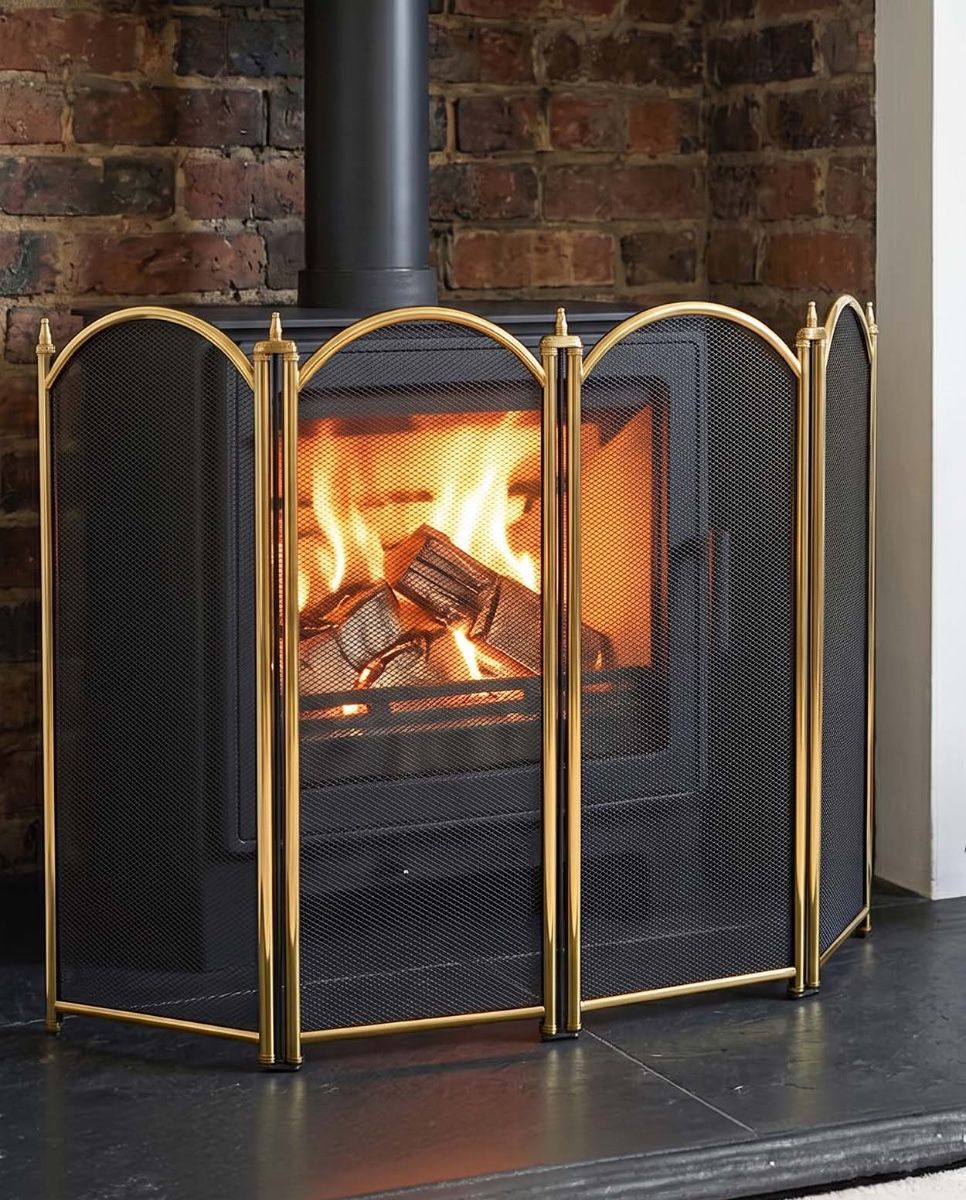 Dynasty Four Fold Fire Screen in Polished Brass in Situ Digital illustration