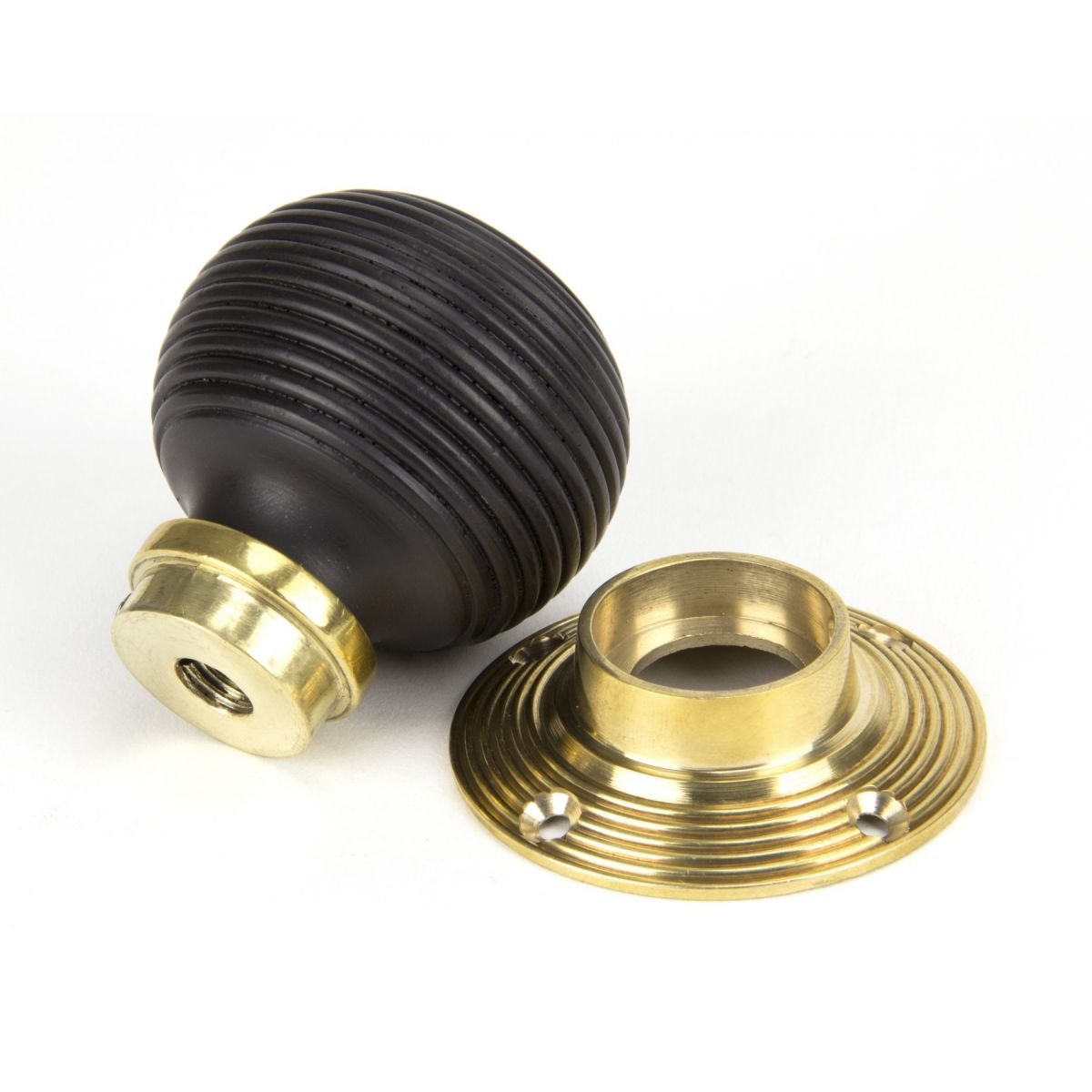 Ebony Beehive Door Knob Set With Detachable Polished Brass Roses