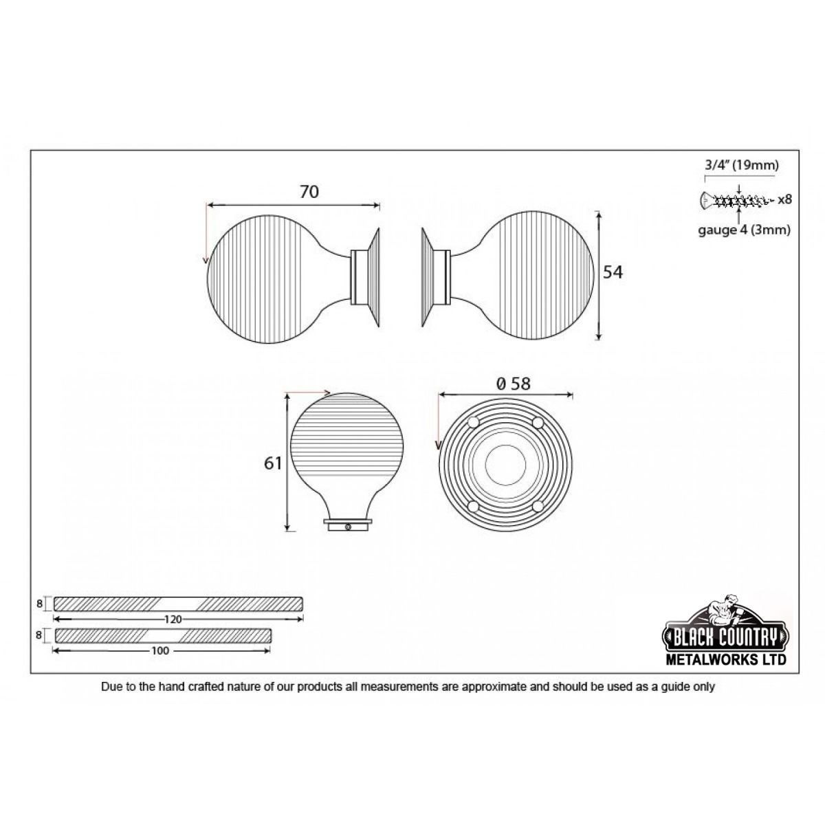 Ebony Beehive Door Knob Set Dimension Diagram