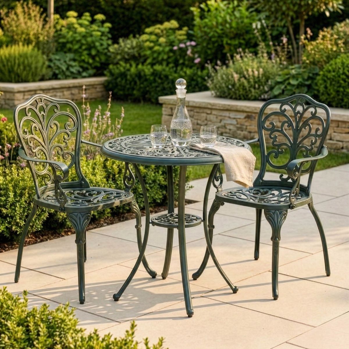 Emerald Green "Harlington" Two Seater Garden Table & Chairs Set digital illustration dressed table