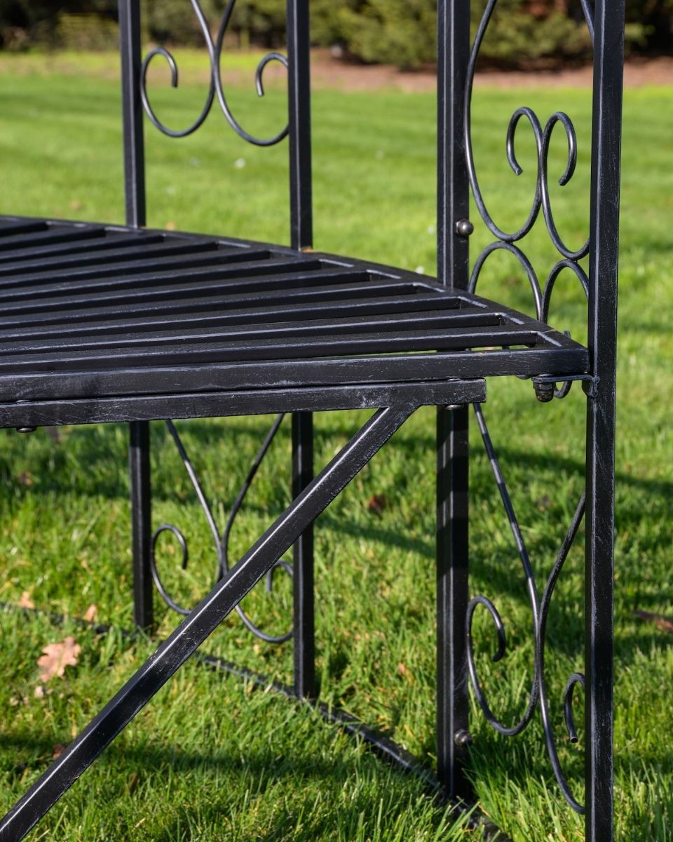 "Kensington" Domed Wrought Iron Gazebo in a Midnight Black Finish Close up of Seating Fixtures
