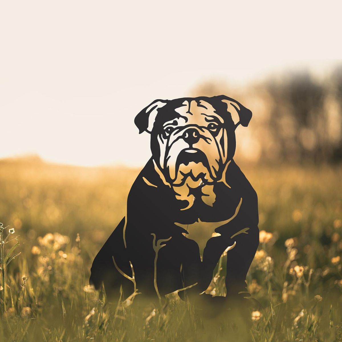 English Bulldog Silhouette in Situ in a Field