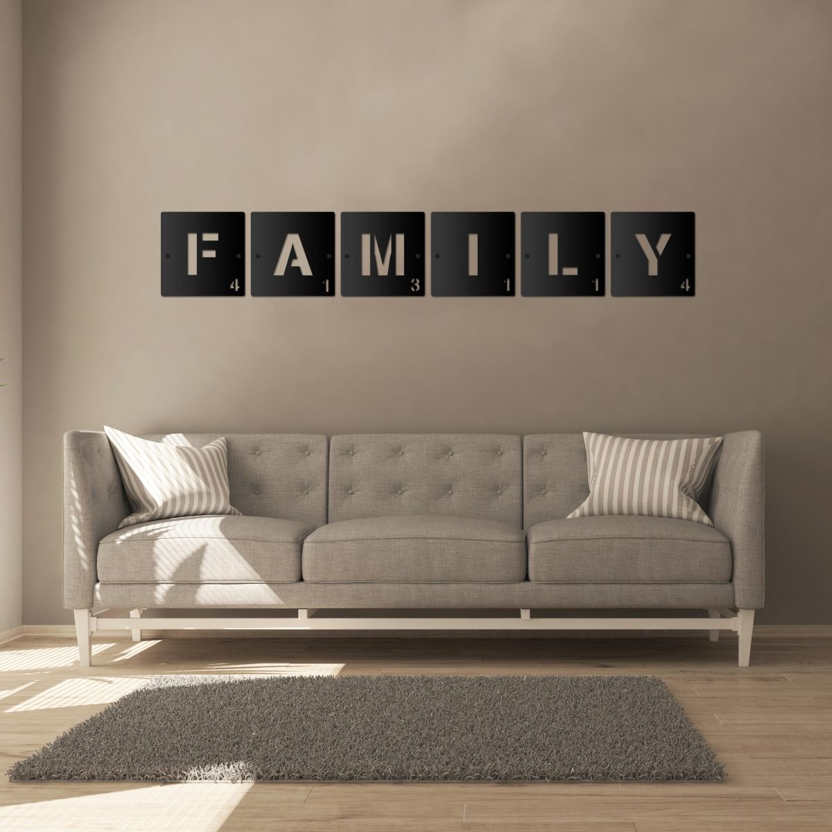 "FAMILY" Black Scrabble Square Letters in the Siting Room "FAMILY" Black Scrabble Square Letters in the Siting Room