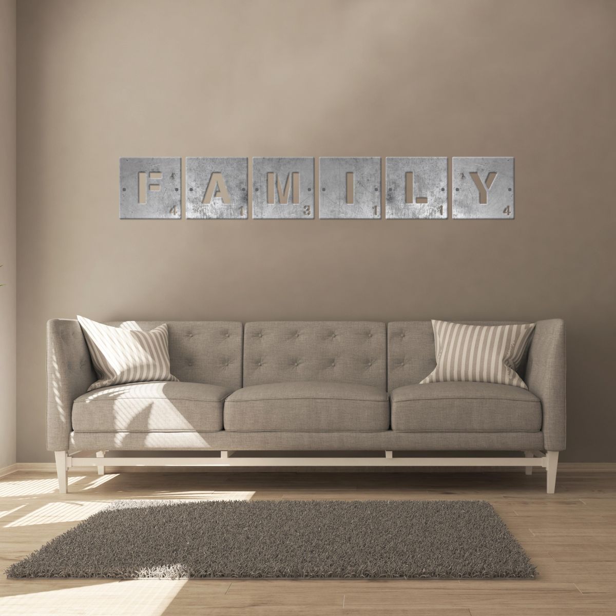 "FAMILY" Scrabble Square Letters in the Siting Room