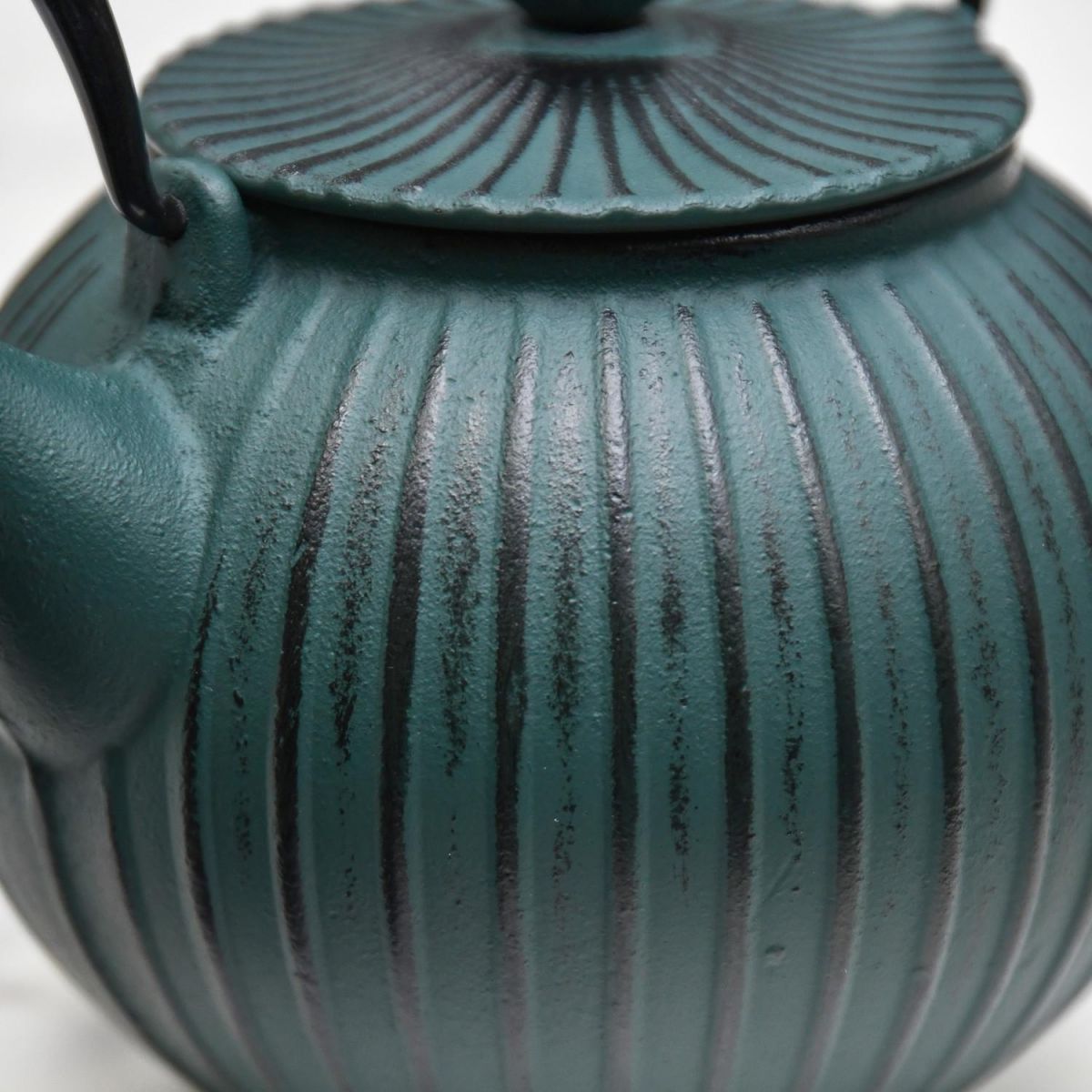 Close-Up of Dark Green Finish on "Farleigh" Green Cast Iron Teapot 