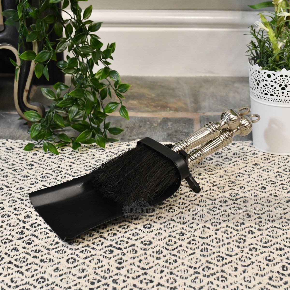 "Farnhamford" Nickel and Black Iron Pan and Brush Set in Situ Next to the Fireplace 
