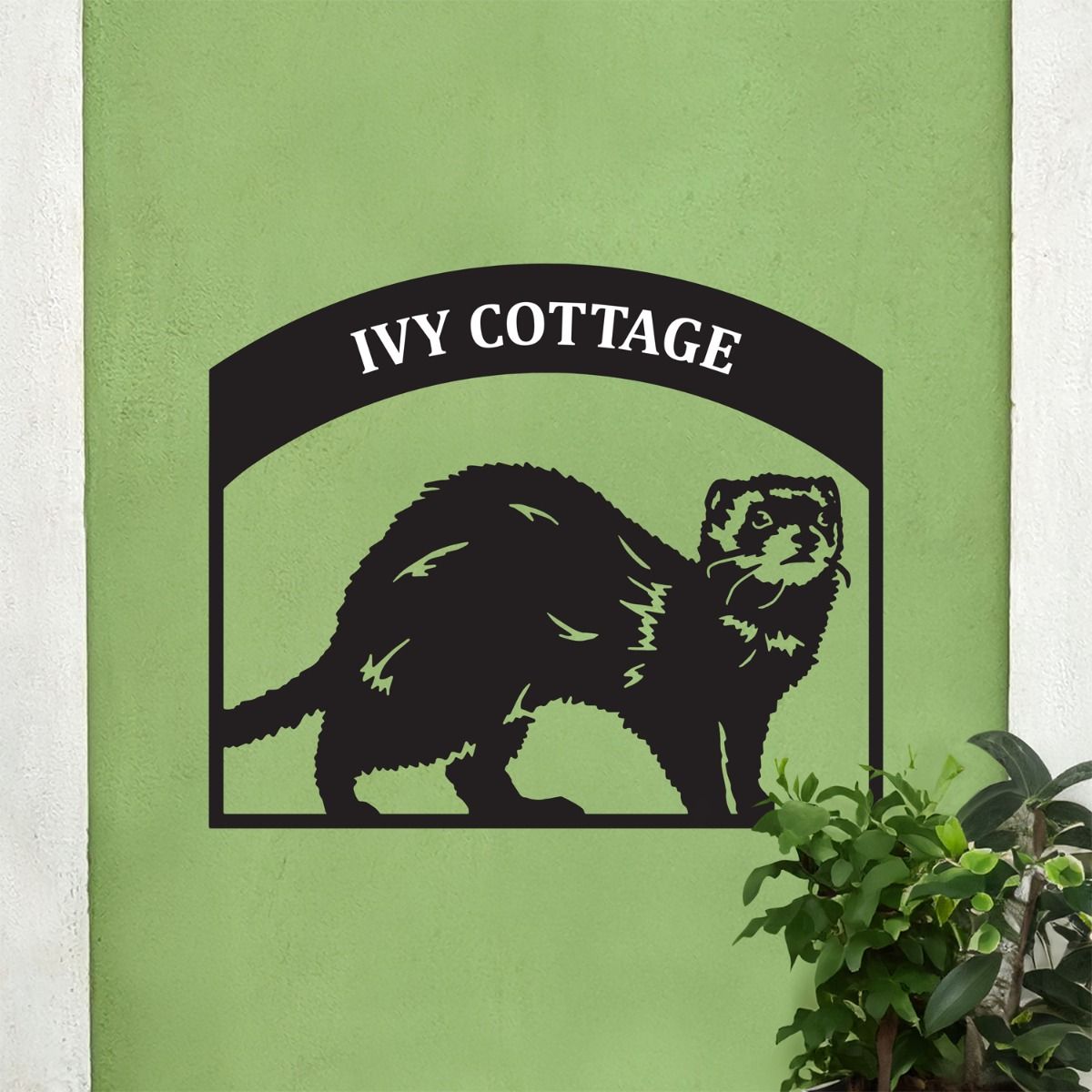 Steel Ferret House Name Sign On Green Wall 