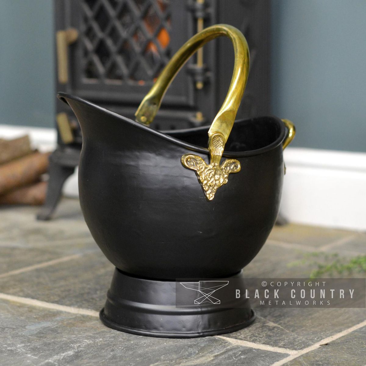 Black & Brass Traditional Coal Bucket in Situ Next to the Fireplace