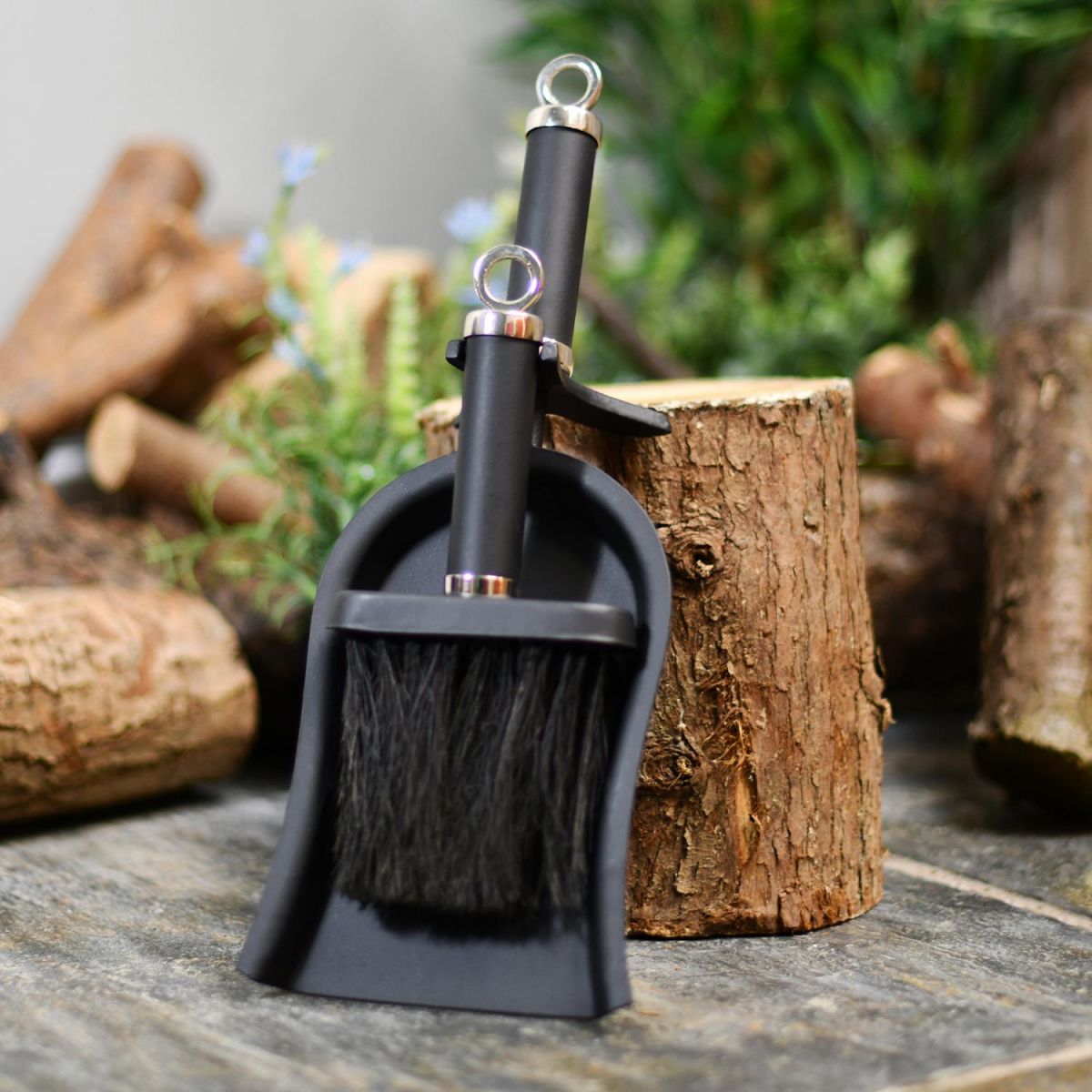 Modern Black and Chrome Brush and Pan Set Modern Black and Chrome Brush and Pan Set