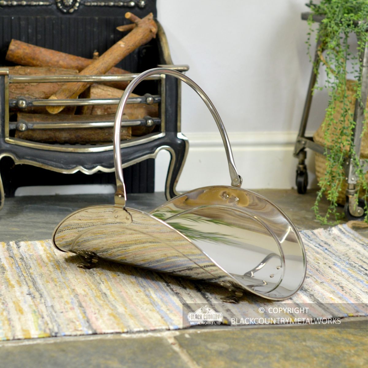 "Evington" Stainless Steel Curved Log Basket by the Fire Place