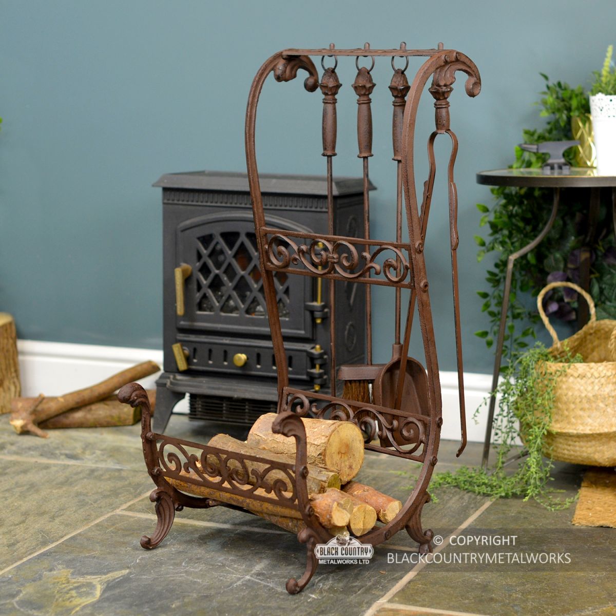 "Downton Abbey" Rustic Brown Log Store & Tools in Situ Next to the Fire Place