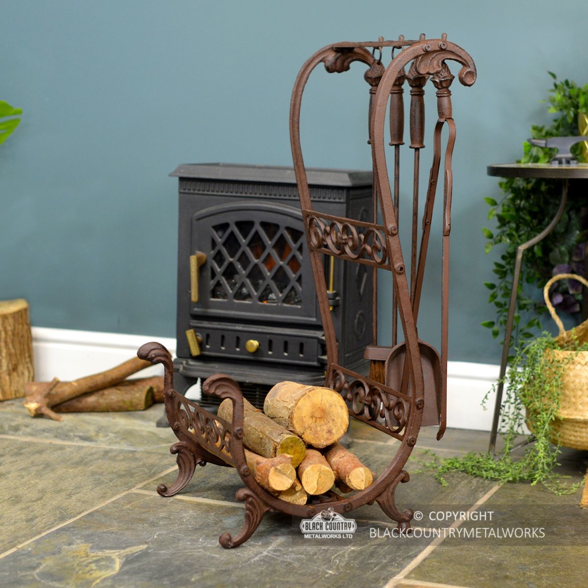 Side View of the "Downton Abbey" Rustic Brown Log Store & Tools