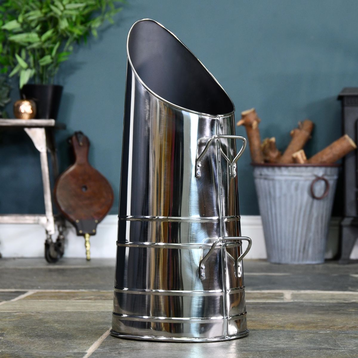 "Rosalie" Coal Hod- Polished Steel with Double Handle