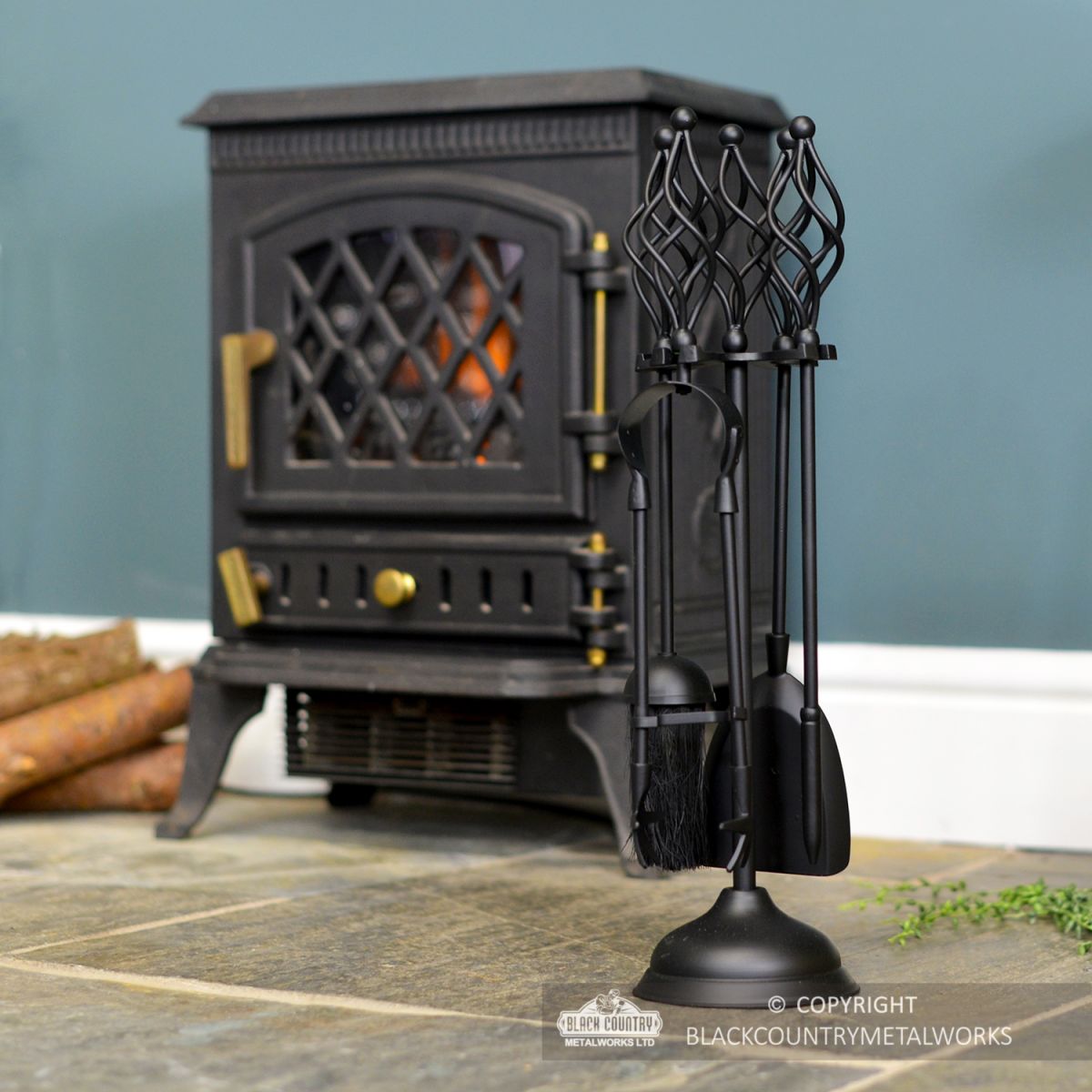 Black "Kingfisher" Companion Set in Situ Next to the Fireplace