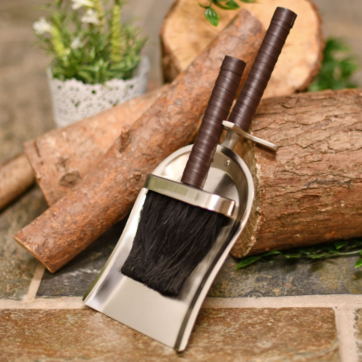 Brushed Steel & Leather brush & pan set